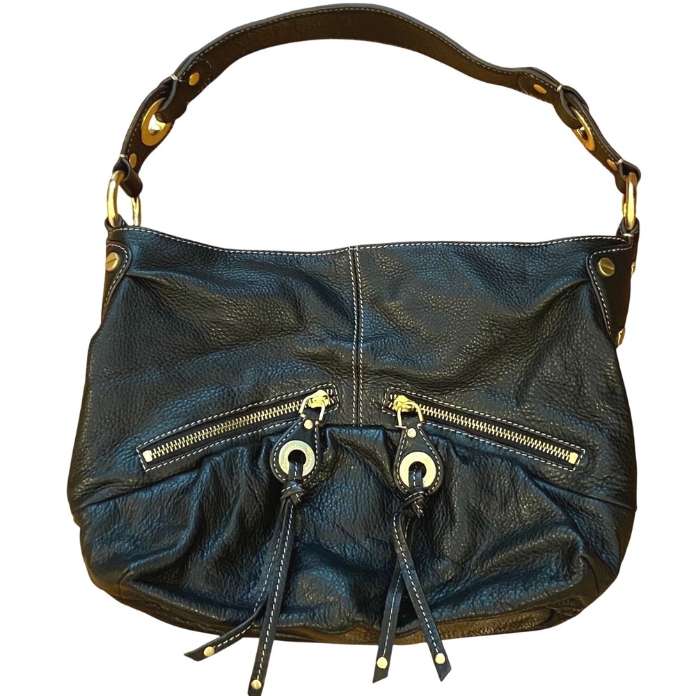 B Makowsky Black Leather Hobo Shoulder Purse Gold Hardware Leopard Lrg Slouchy